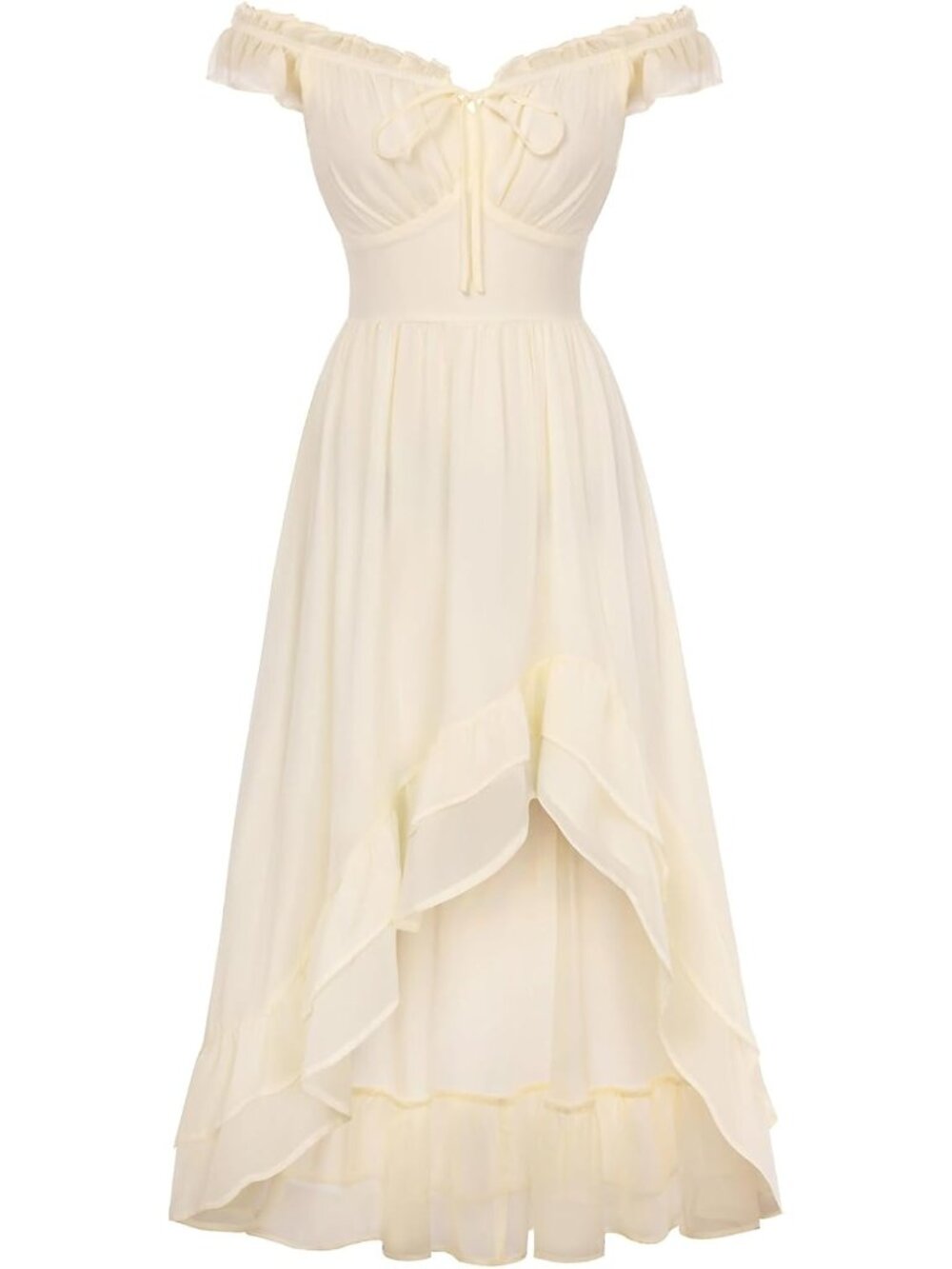 Renaissance Cream Corset Dress Off Shoulder Flowy Wedding Guest Chiffon Sundress